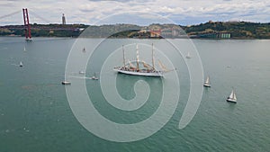 Sea bay harbour ships aerial view. Water transportation at gloomy port town