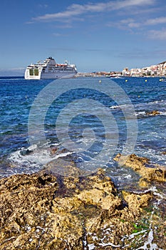 Sea bay with a ship in Los Cristianos, Tenerife.Canary Islands