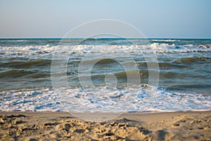 Sea beach blue sky sand sun daylight relaxation landscape viewpoint for design postcard