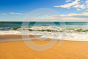 Sea beach blue sky sand sun daylight relaxation landscape viewpoint for design postcard and calendar