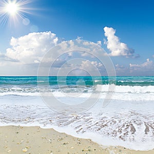 Sea beach blue sky sand sun daylight relaxation landscape viewpoint for design postcard and calendar in Crete, Greece,