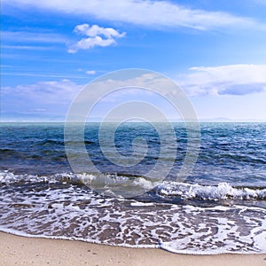 Sea beach blue sky sand sun daylight relaxation landscape viewpoint for design postcard and calendar in Crete, Greece,