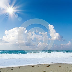 Sea beach blue sky sand sun daylight relaxation landscape viewpoint for design postcard and calendar in Crete, Greece,