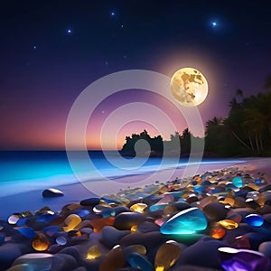 Sea Beach with Colorful Crystal Stones with Golden Moon Night Sky Landscape Illustration Image Generative AI