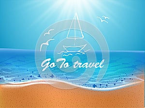 Sea beach and doodle elements. go to travel hand draw inscription. Sand and wave. Realistic vector background