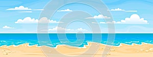 Sea beach landscape. Cartoon summer sunny day, ocean view horizontal panorama, water sand and clouds. Vector vacation