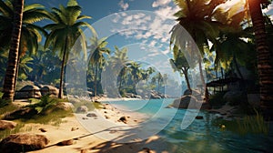 Sea beach landscape with tropical palms. Generative AI