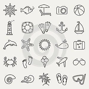 Sea and beach line icons. Vector set.