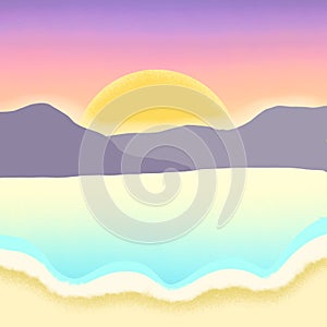 Sea Beach with Mountain View Sunset Sky Graphic Wallpaper Background