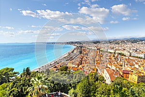 The sea, beach and old town at Nice France along the French Riviera