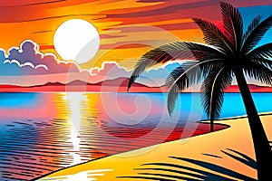 Sea beach with palm tree and the Sun - Retro comics style seascape