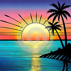 Sea beach with palms and setting Sun