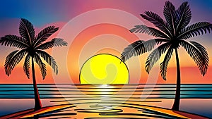 Sea beach with palms at sundown - Retro comics style seascape