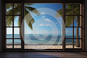 Sea beach and palms view from window