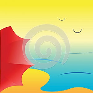 Sea beach with red umbrella, vector