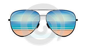 Sea and the beach are reflected in sunglasses