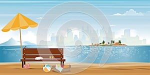 Sea beach sand landscapes city view with cat sleeping on bench,Vector cartoon Summer season by seaside with clouds and blue sky