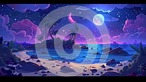 A sea beach with a small island with rocks and moon in the dark sky at night. Cartoon landscape of ocean or lake