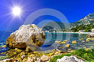 Sea beach with stones and rocks, Beausoleil, Nice, Nizza, Alpes-Maritimes, Provence-Alpes-Cote d\'Azur, Cote d\'Azur,