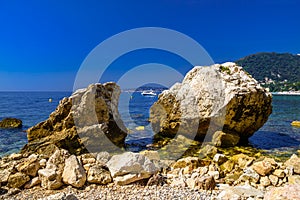 Sea beach with stones and rocks, Beausoleil, Nice, Nizza, Alpes-Maritimes, Provence-Alpes-Cote d `Azur, Cote d `Azur, French Rivie