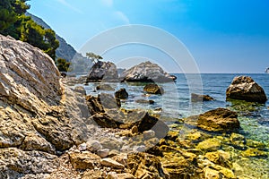 Sea beach with stones and rocks, Beausoleil, Nice, Nizza, Alpes-Maritimes, Provence-Alpes-Cote d `Azur, Cote d `Azur, French Rivie