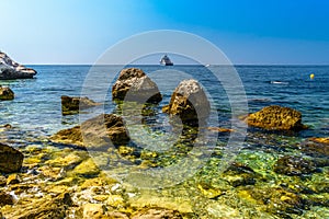 Sea beach with stones and rocks, Beausoleil, Nice, Nizza, Alpes-Maritimes, Provence-Alpes-Cote d `Azur, Cote d `Azur, French Rivie