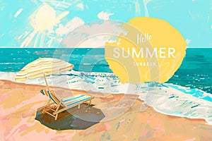 Sea, beach, sun lounger and umbrella. Vector illustration drawn with brush strokes