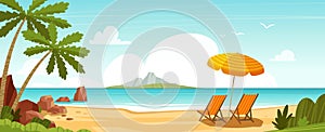 Sea beach and sun loungers. Seascape, vacation banner. Cartoon vector illustration