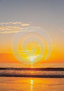 Sea beach with sunset sky abstract background, virginia. Copy space of summer vacation and travel concept.