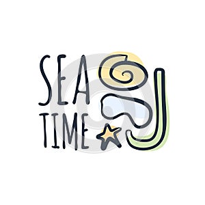 Sea or Beach time slogan and hand drawing cute icons vector for print design. Funny greetings for clothes, card, badge, icon,