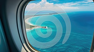 Sea and beach, view from an airplane window. Travel and air transportation