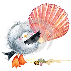 Sea bird seagull. Marine funny background. watercolor illustration