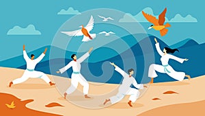 Sea birds circle above a group of Tai Chi practitioners on the sandy beach their movements resembling a beautiful and