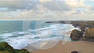 Sea Birds flying around Bedruthan Steps in Cornwall