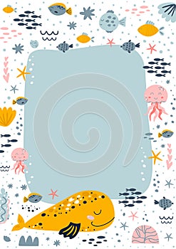 Sea birthday invite. Kids birthday party under the invitation card template. Cute marine life, whale, jellyfish, fish