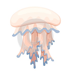 Sea blue and beige jellyfish. Tropical underwater animal. Medusa aquatic organism, cartoon style design. Flat  illustration