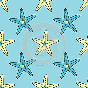 Sea blue pattern with starfish in doodle style, ocean, bottom with sea inhabitants, underwater world.