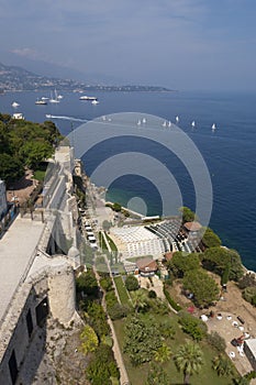 Sea with boats and coastline view from top of Monaco Aquarium