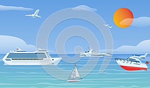 Sea boats and little fishing ships. Sailboats flat vector background illustration.Water transport yacht and ship