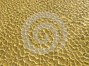 Sea bottom texture, yellow sand waves in shallow water.
