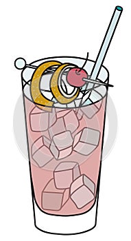 Sea Breeze classic IBA listed cocktail in highball glass. Vodka based pink drink garnished with orange twist and cherry