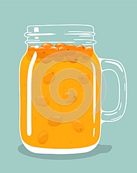 Sea buckthorn tea in glass mason jar. Vector hand drawn illustration.