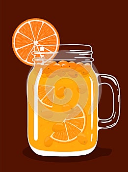 Sea buckthorn tea with orange in glass mason jar. Vector hand drawn illustration.