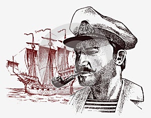 Sea captain against the background of sailboat, marine sailor with pipe, bluejacket. portrait of the seaman. travel by