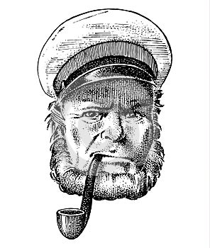 Sea captain, marine old sailor with pipe or bluejacket, seaman with beard or men seafarer. travel by ship or boat