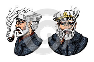 Sea captain, marine old sailor with pipe or bluejacket, seaman with beard or men seafarer. Travel by ship or boat