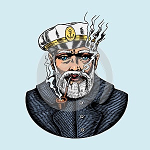 Sea captain, marine old sailor with pipe or bluejacket, seaman with beard or men seafarer. Travel by ship or boat