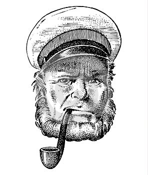 Sea captain, marine old sailor with pipe or bluejacket, seaman with beard or men seafarer. travel by ship or boat photo