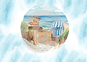 Sea card template with Baltic sea beach panorama, sand dunes, hooded beach chair, Strandkorb, wooden signpost, blue