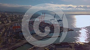 Sea cargo port in the city of Rijeka in Croatia. View from the drone. Sunny day at sea.